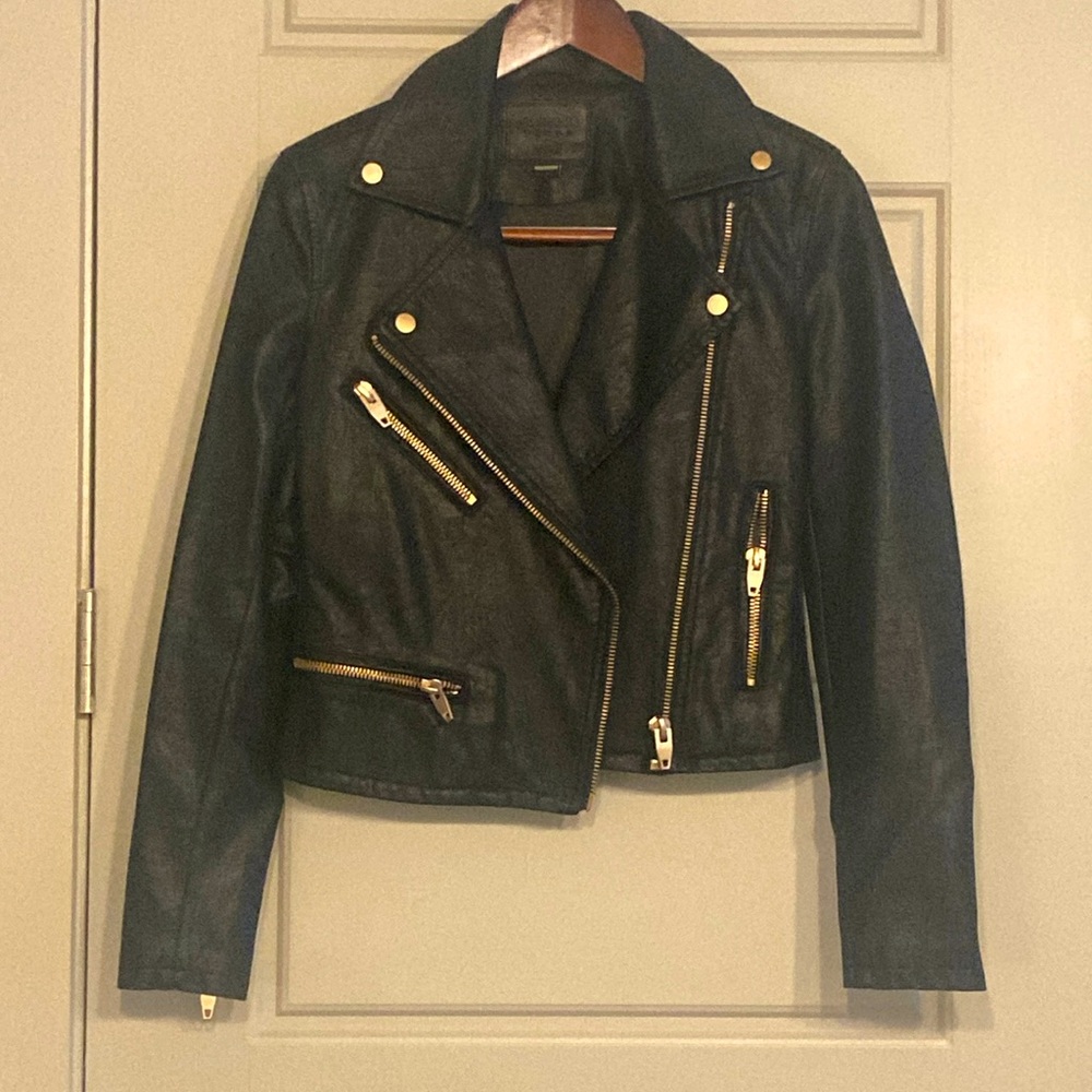 Black faux leather jacket, short, gold zippers and snaps